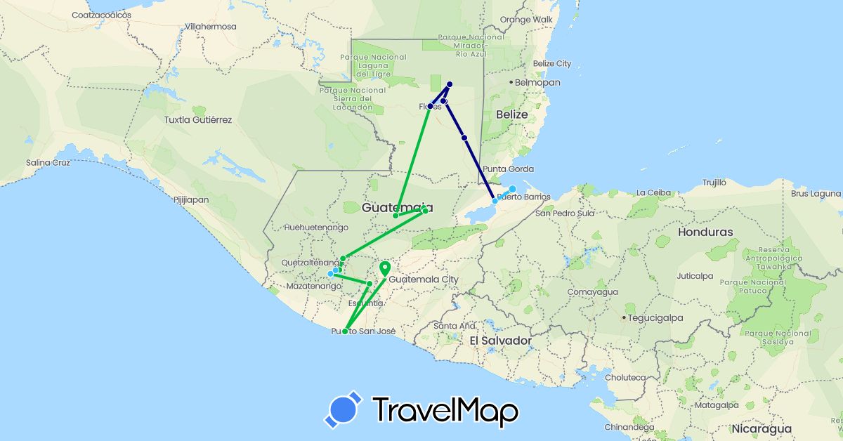 TravelMap itinerary: driving, bus, boat in Guatemala (North America)