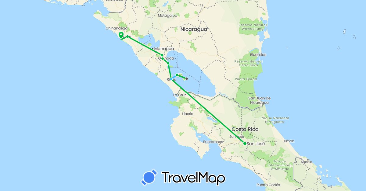TravelMap itinerary: driving, bus, boat, motorbike in Costa Rica, Nicaragua (North America)
