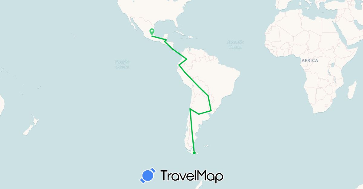 TravelMap itinerary: bus in Argentina, Bolivia, Belize, Chile, Colombia, Costa Rica, Ecuador, Guatemala, Mexico, Panama, Peru, Paraguay, Uruguay (North America, South America)